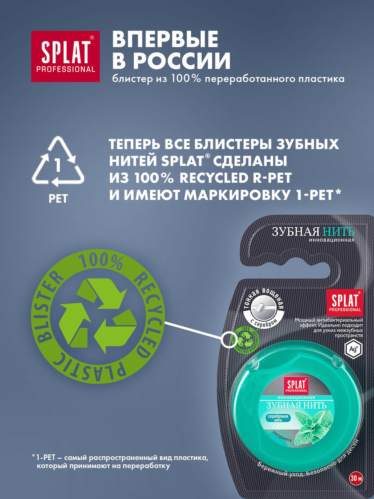 Изображение Антибактериальная супертонкая зубная нить SPLAT Professional Dental Floss с волокнами серебра, МЯТА, 30 метров
