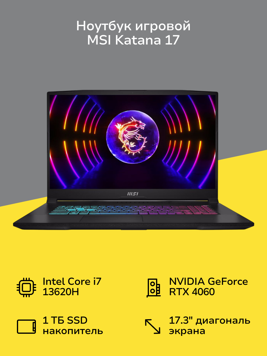 Ноутбук игровой MSI Katana 17/17.3"/Core i7-13620H/16/1TB/RTX4060/noOS/Black (B13VFK-487XRU)