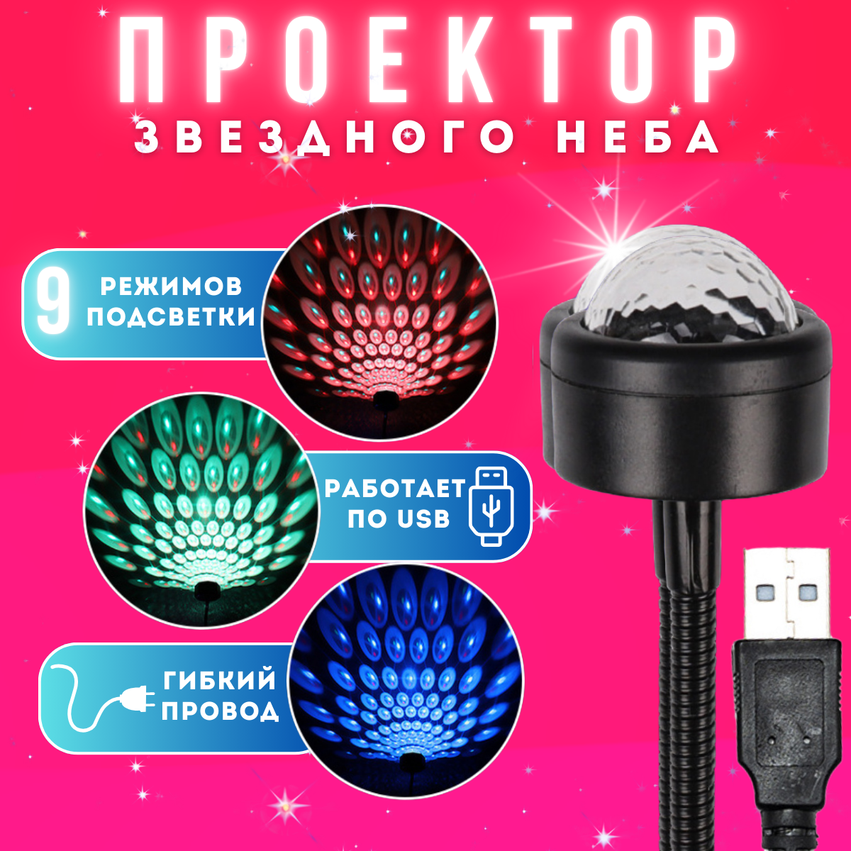 USB-подсветка в автомобиль, проектор звездного неба, подсветка салона авто, подсветка в машину, ночник