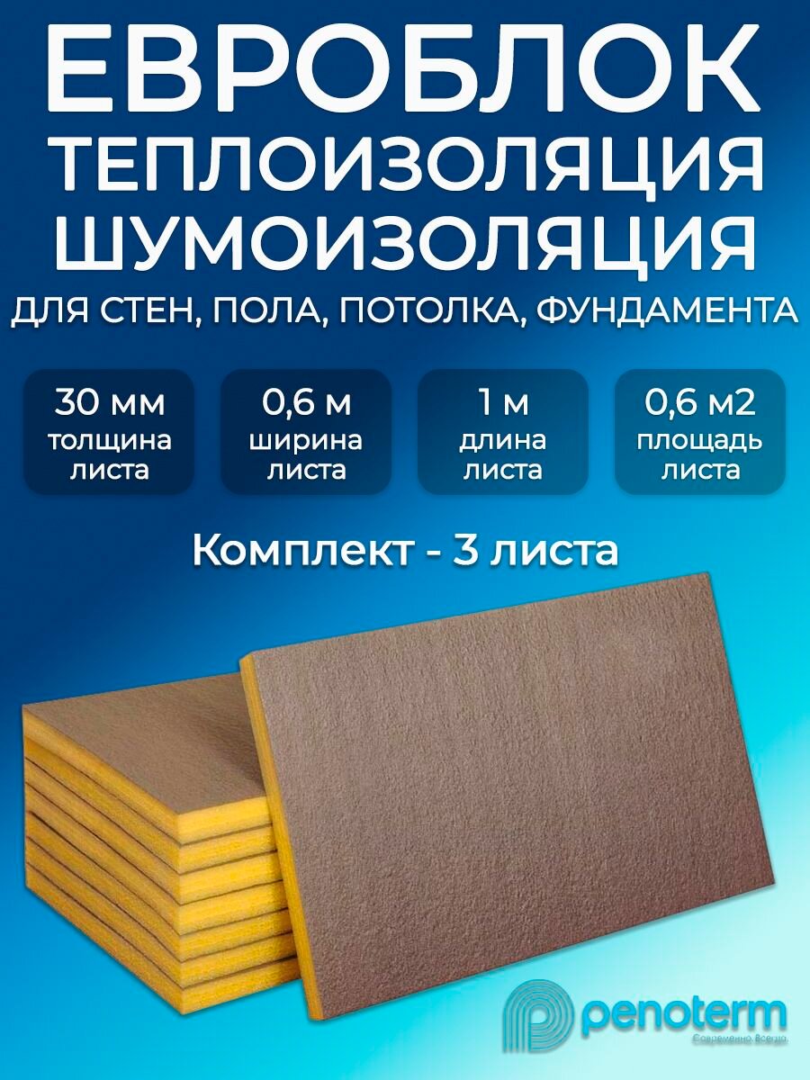 Теплоизоляция для дома Евроблок 30мм 18м2 Порилекс 3 листа/ звукоизоляция шумоизоляция для стен и потолка