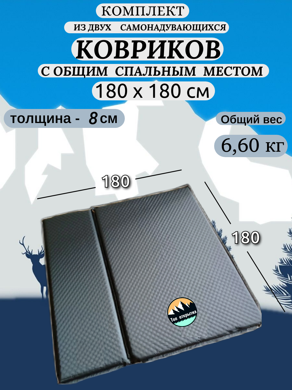 Комплект ковриков из 2шт (двухместный + одноместный), толщина 8см, самонадувающиеся. С общим спальным местом 180х180см