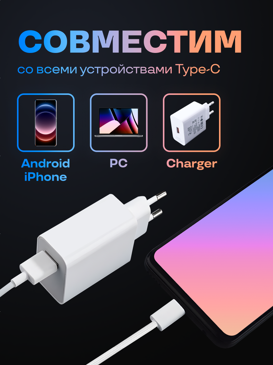 Кабель Type C USB быстрая зарядка, провод для iPhone, Samsung, Honor, Xiaomi, Huawei — фото 1