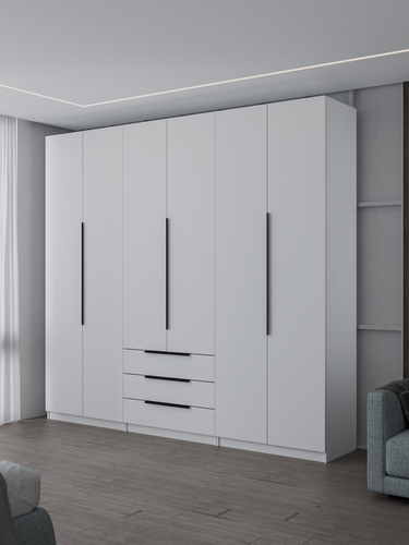 Изображение товара Шкаф распашной Прометей с выдвижными ящиками | ЛДСП Белый шагрень | Ручки торцевые черные