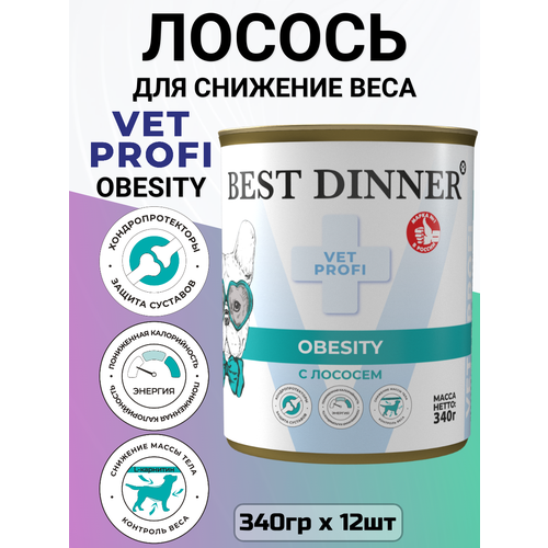 Консервы Best Dinner Vet Profi Obesity, для собак, для снижения избыточной массы, лосось 12шт х 340г