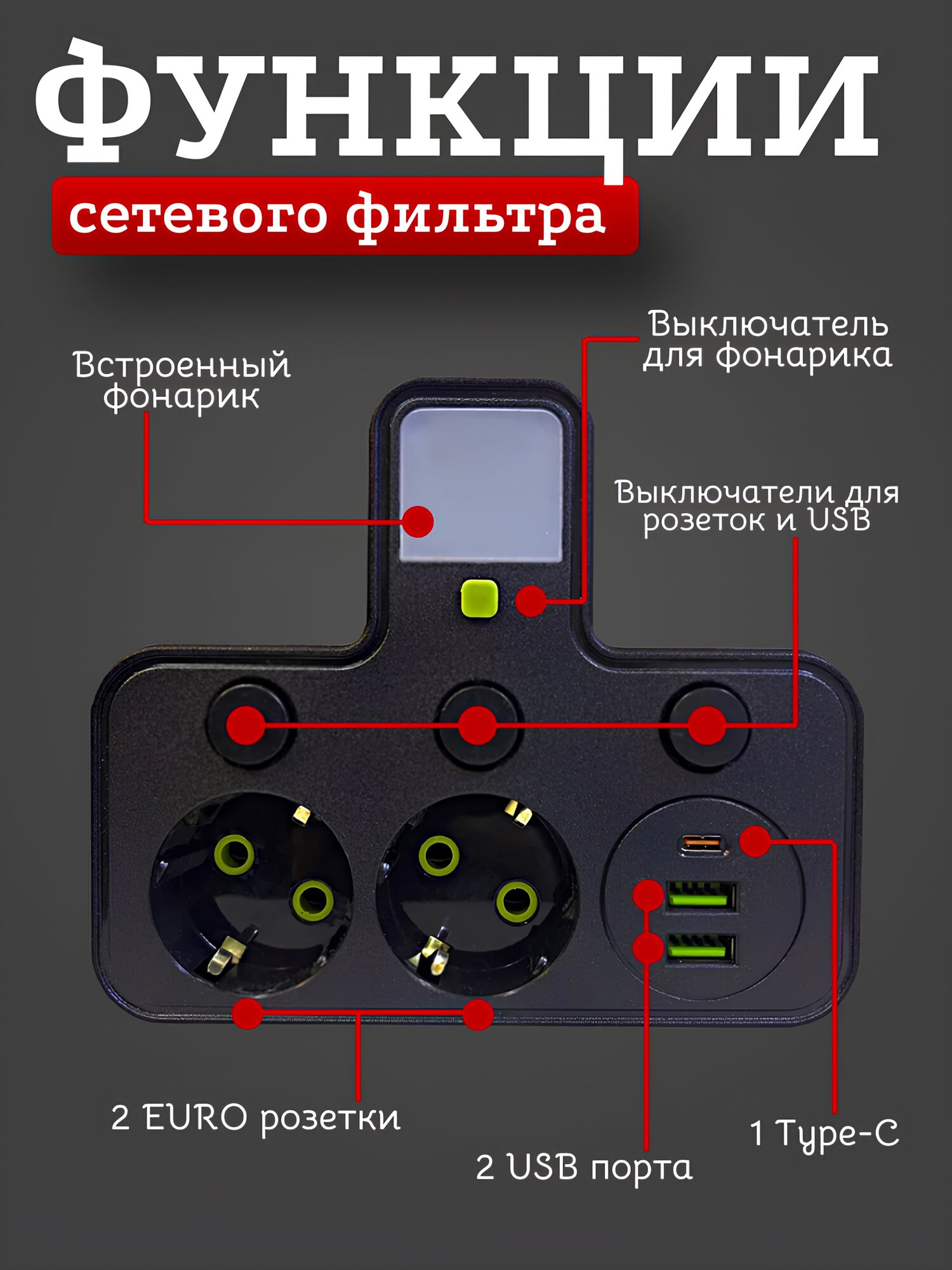 Тройник разветвитель с 2-мя розетками, Тройник с подсветкой, USB и Type-C портом, черный — фото 1