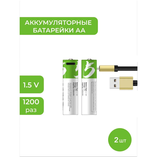 Smartoools Аккумуляторные перезаряжаемые батарейки Li-ion АА 1, 5V 2600 mWh (2шт) с USB кабелем пальчиковые