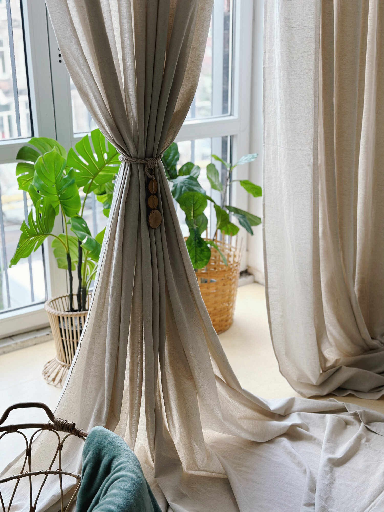 Шторы лен, хлопок, Linen Elegance, 200х270 см, серо-бежевые, 2 подхвата, для гостиной, спальни или кухни — фото 1