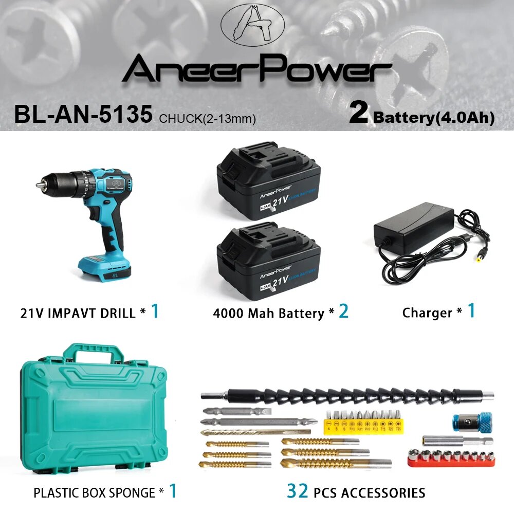 Беспроводная ударная дрель ANEERPOWER 21В