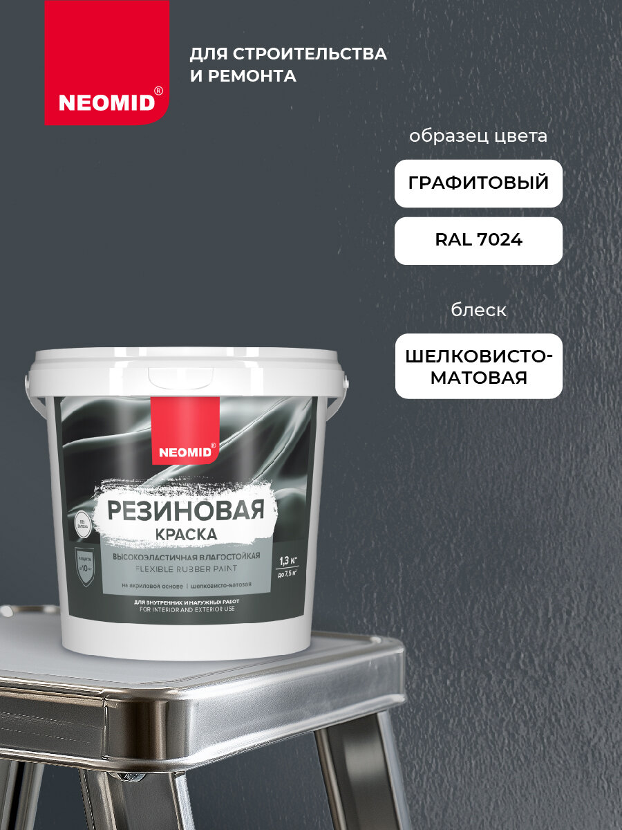 Резиновая краска NEOMID Графит (1,3 кг) / Для фасадов, для стен и потолков в помещениях повышенной влажности — фото 1