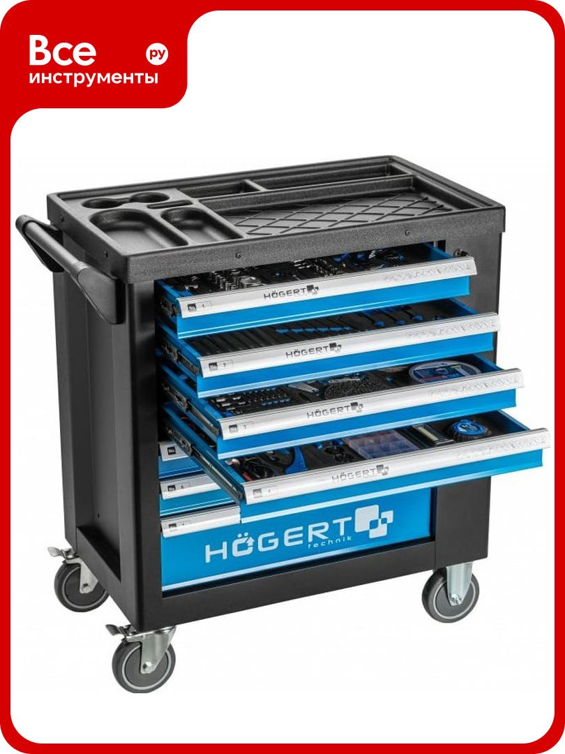 Инструментальная тележка HOEGERT TECHNIK 7 ящиков, боковое отделение, 544 инструмента HT7G050