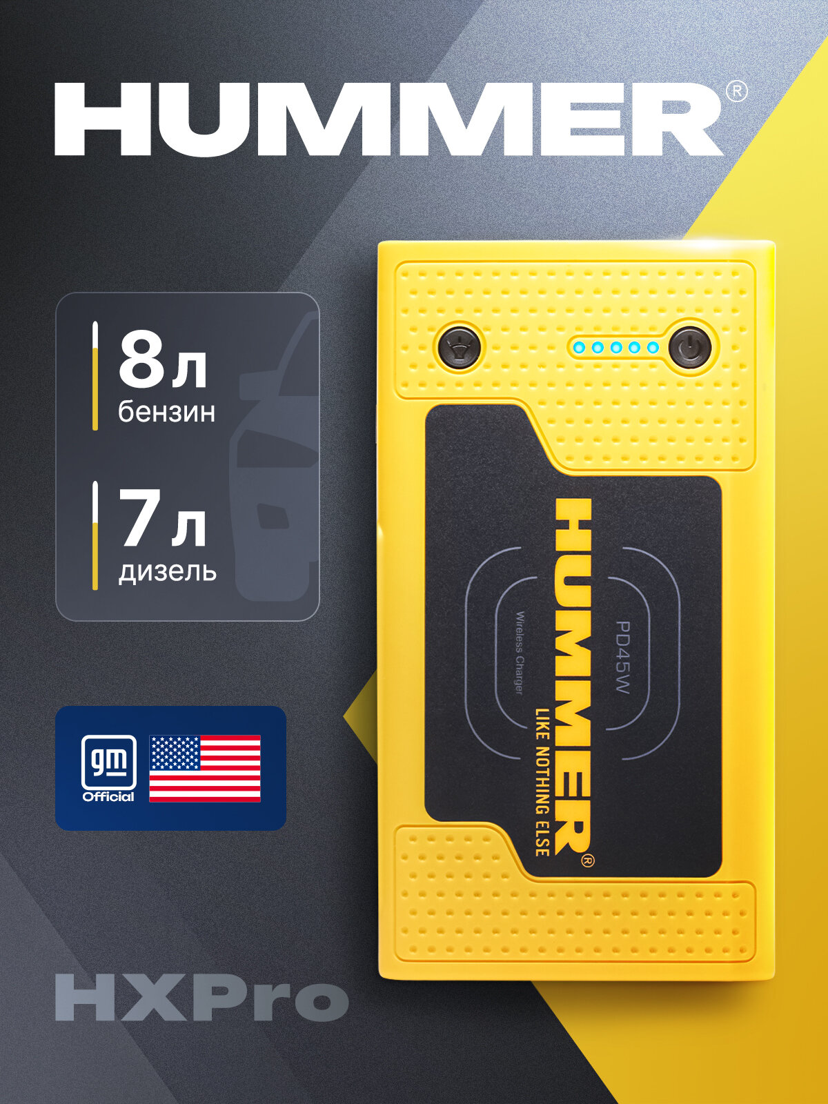 Портативное пусковое устройство с аккумулятором HUMMER НXPRO для автомобиля + Power Bank + LED фонарь с функцией беспроводной зарядки, пусковой ток - 2000А