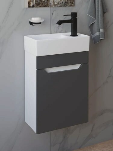 Изображение товара Тумба с раковиной DIWO Архангельск 40 подвесная, 41 см, серая, белая, матовая, из МДФ, с дверками, раковина для ванной, фаянсовая, прямоугольная, с сифоном