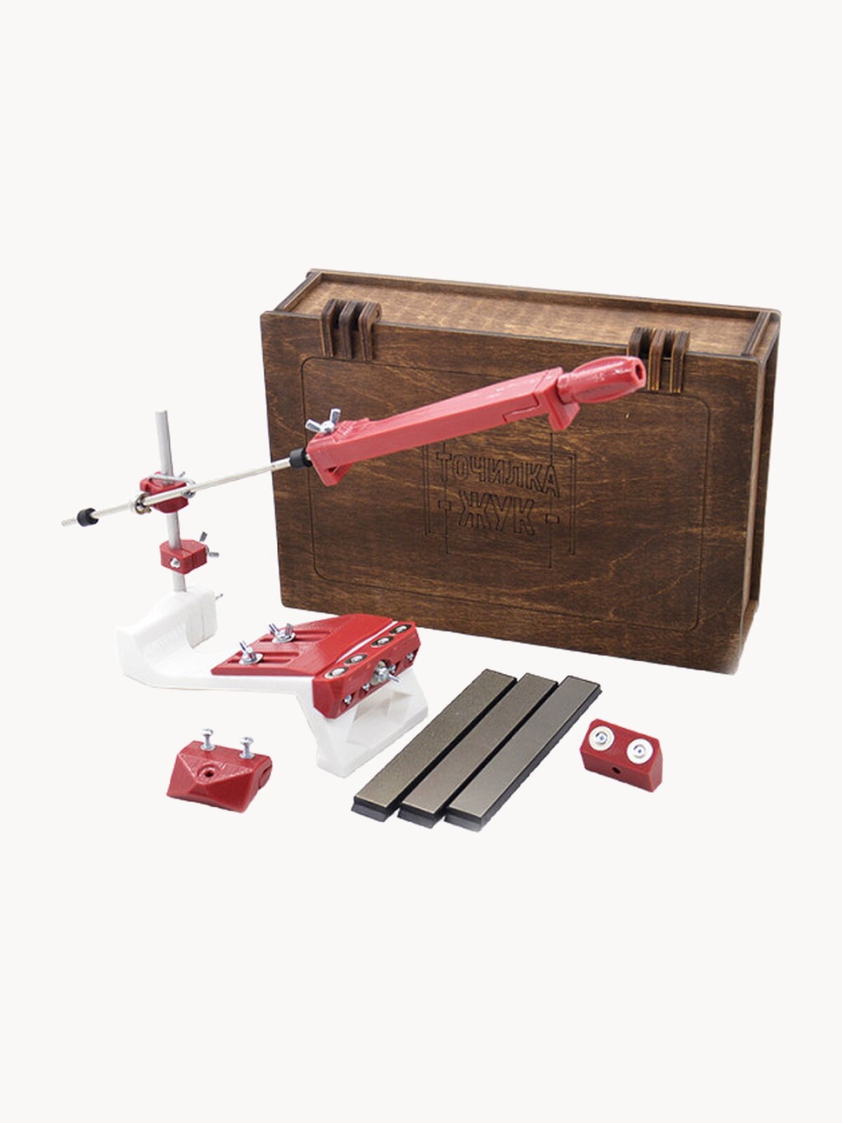 Набор для заточки ЖУК готовое решение для дома / 3 держателя для ножей и ножниц / 3 алмазных бруска SKATA 240, 600, 1000 грит / аксессуары / деревянный ящик