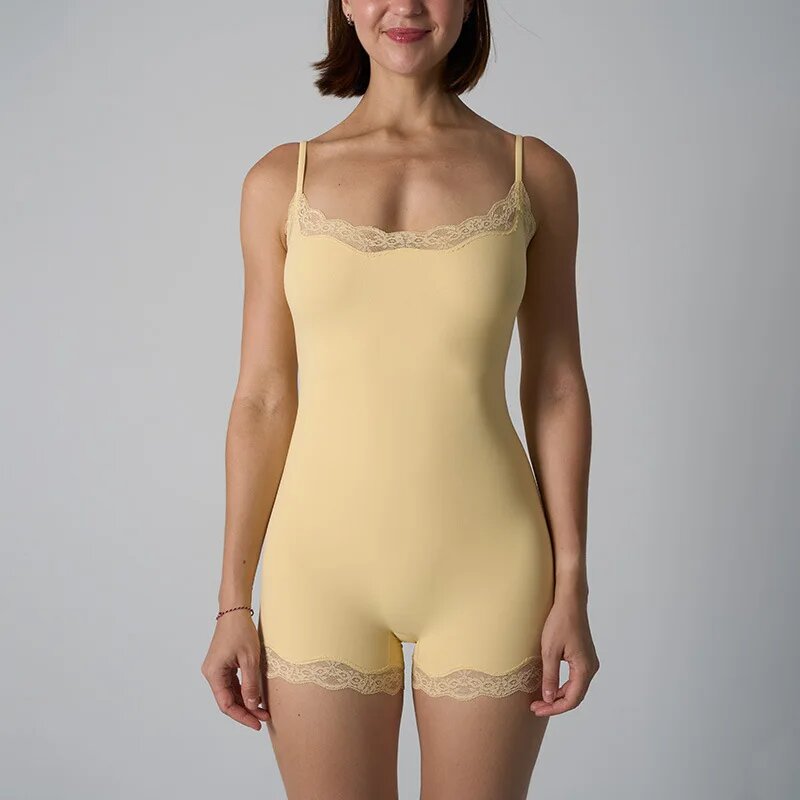 Подходит всем, кружевное боди на бретельках, кружевной комбинезон с цветочным принтом, регулируемые бретели для женщин, универсальная одежда Светло-желтый, XL, YELLOW