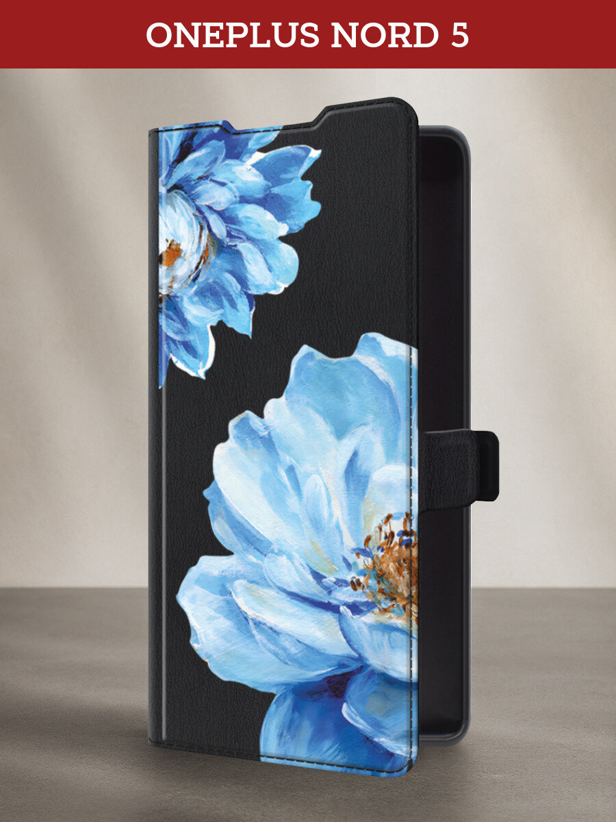 Чехол-книжка на OnePlus Nord 5 / Ван Плас Норд 5 с принтом Голубые клематисы, черный