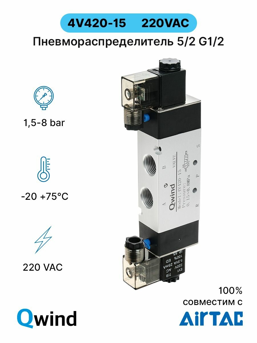 Пневмораспределитель Qwind 4V420-15 AC220V, G1/2, функция 5/2 с двумя катушками