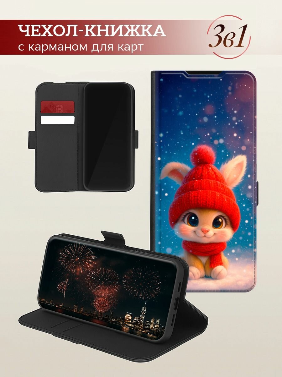 Чехол-книжка на Redmi Note 13R/Redmi 13/Poco M6 4G/Poco M6 Plus / Редми Нот 13R с рисунком "Зимний зайчик" — фото 1