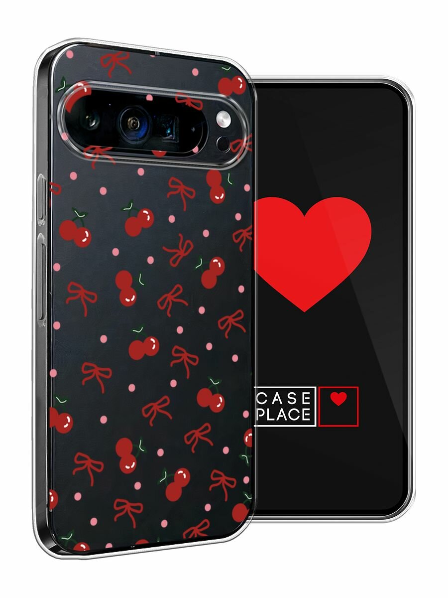 Чехол на Google Pixel 9 Pro XL / Гугл Пиксель 9 Про XL с принтом "Вишни и ленточки", прозрачный — фото 1