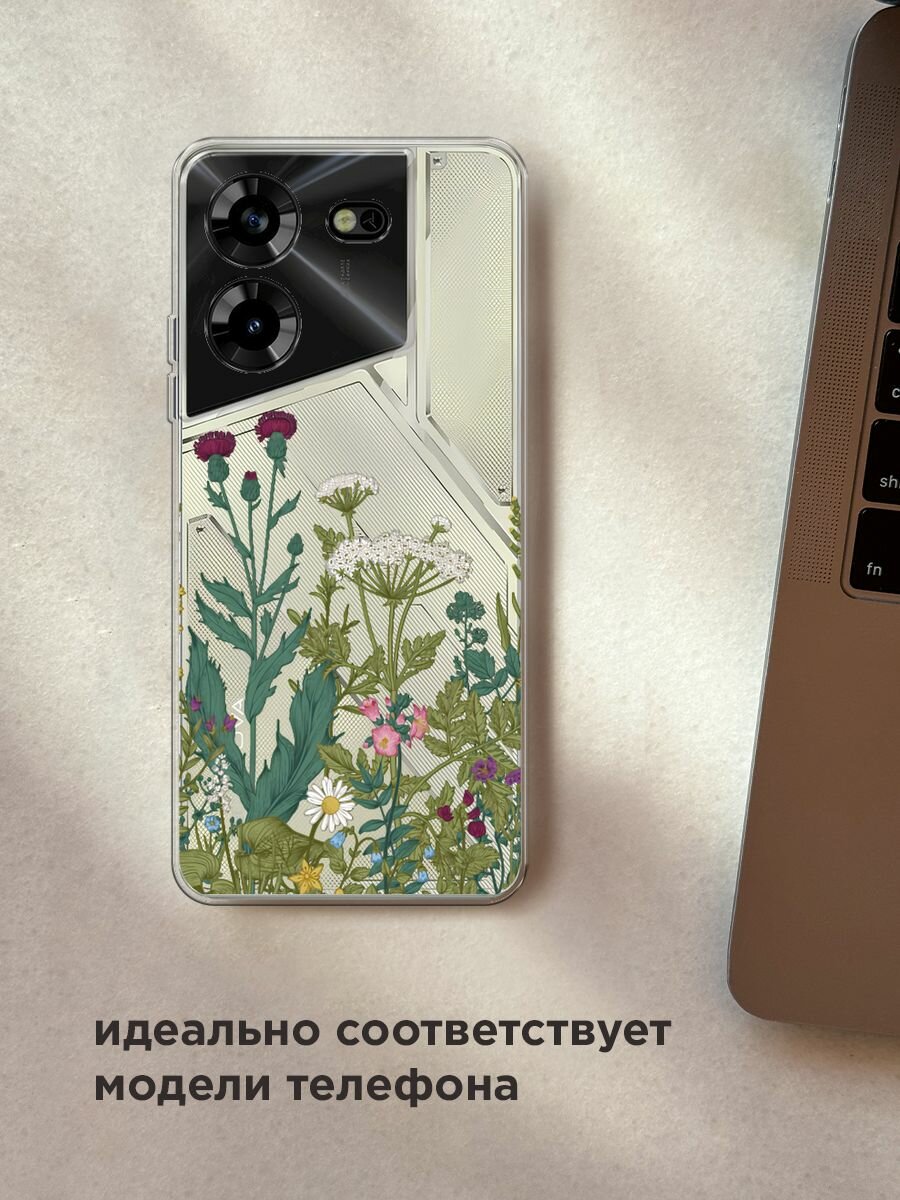 Чехол на Tecno Pova 5 / Техно Пова 5 с принтом "Дикие полевые цветы", прозрачный — фото 1