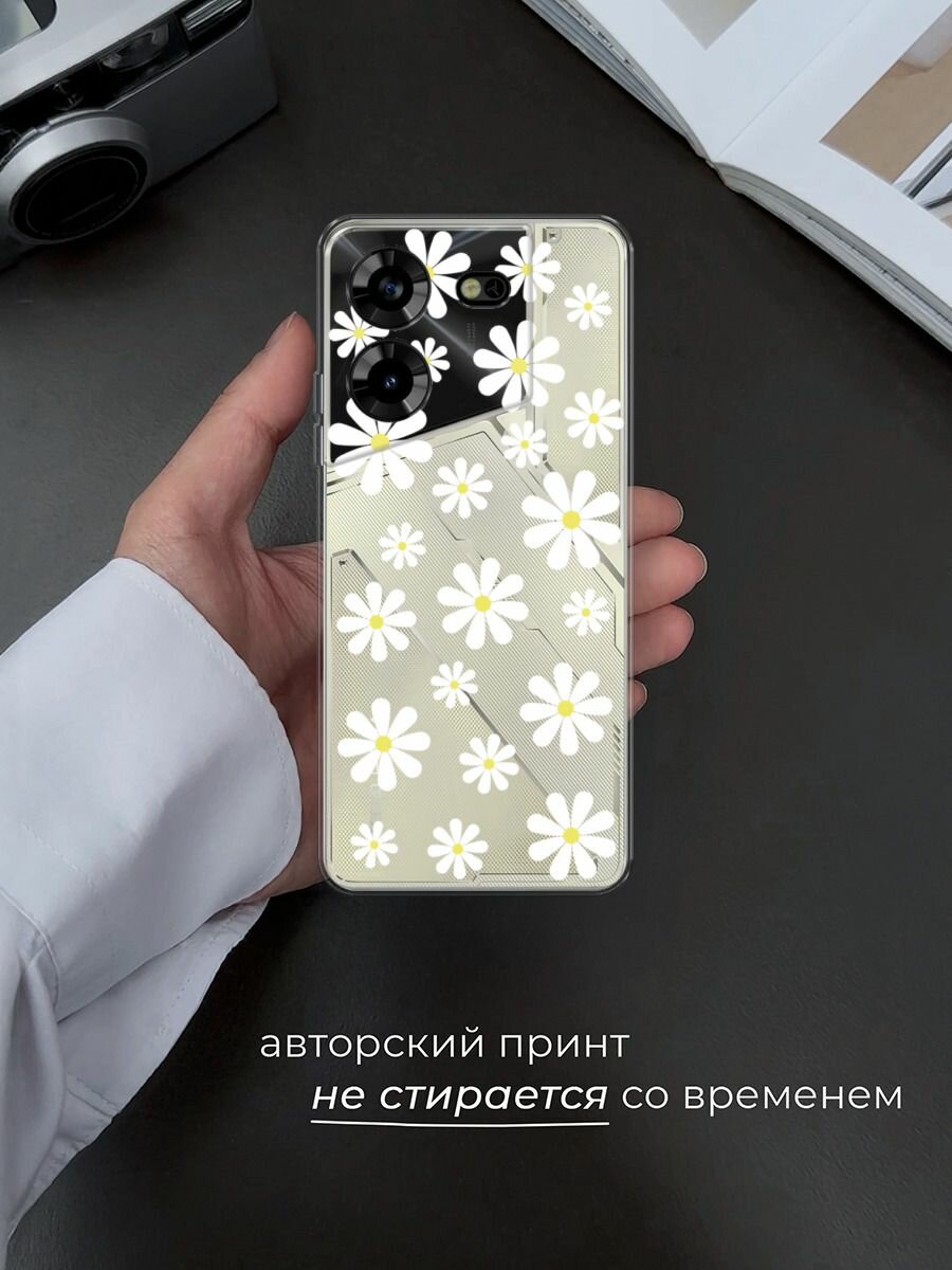 Чехол на Tecno Pova 5 / Техно Пова 5 с принтом "Большие ромашки", прозрачный — фото 1