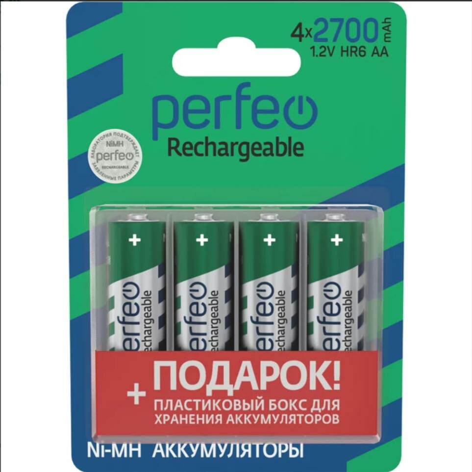 Аккумулятор Perfeo AA 2700mAh Ni-Mh BL4 Box PFAA2700/4BL+BOX, 4шт.