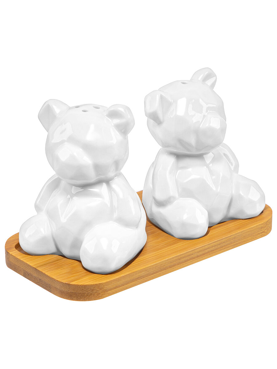 Набор для специй 2 предмета 14х7,2х8,5 см Elan Gallery Мишки на деревянной подставке — фото 1