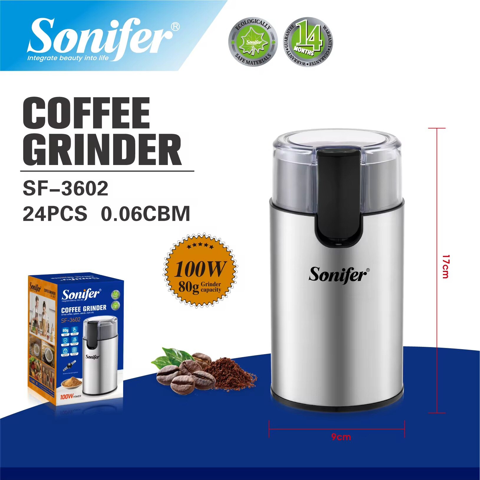 Кофемолка Sonifer SF-3602, система помола жернова, мощность 100Вт, защита от перегрева