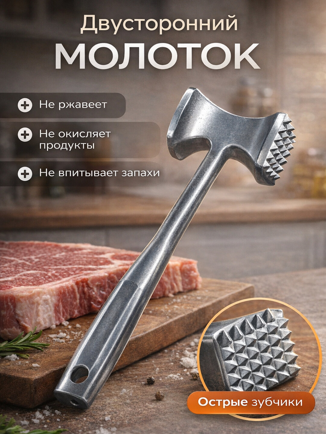 Молоток для мяса Culinart, двусторонний, металлический, для отбивных и стейков
