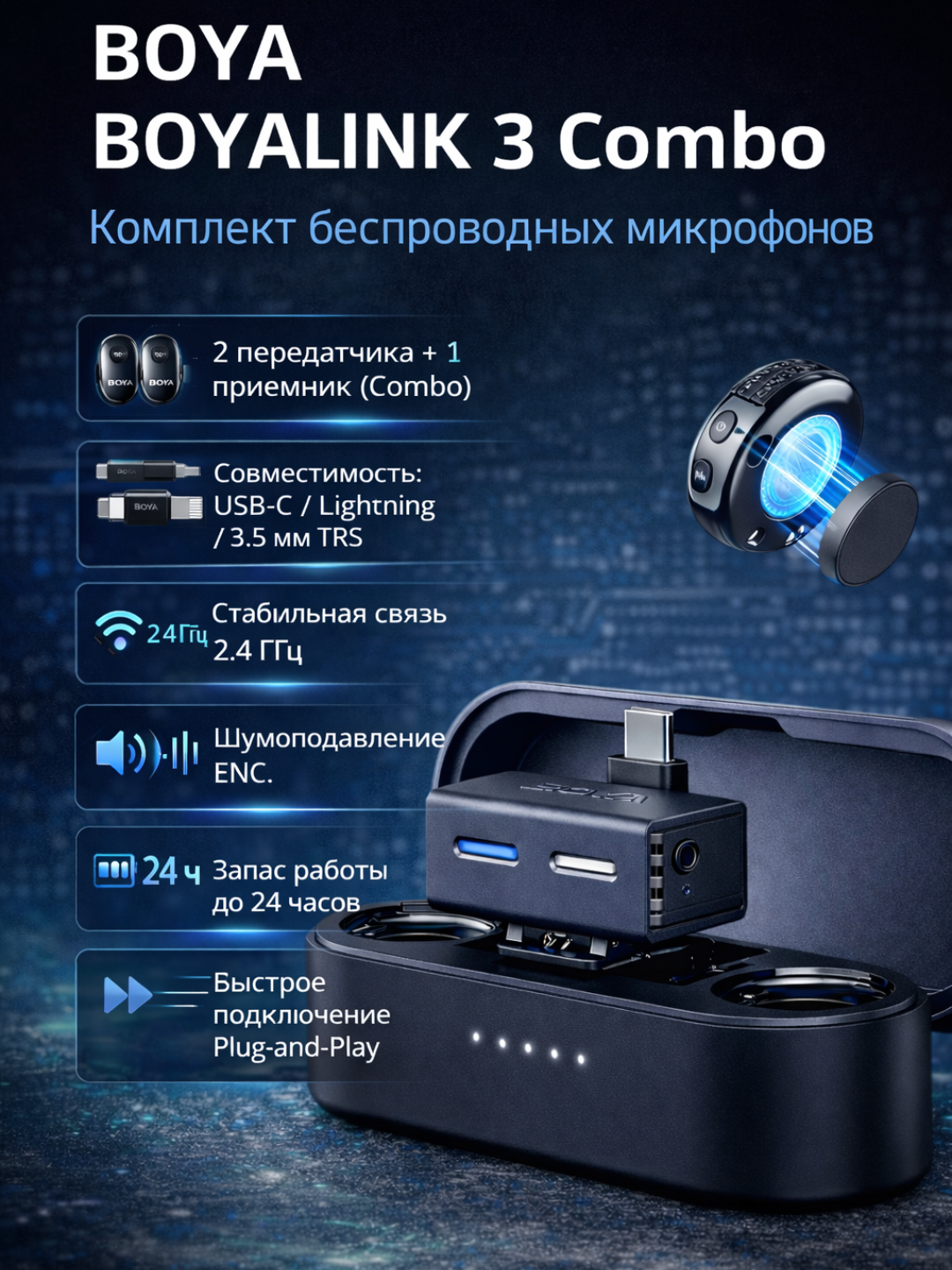 BOYA BOYALINK 3 Combo — беспроводной микрофон, 2 передатчика, шумоподавление, USB-C / Lightning