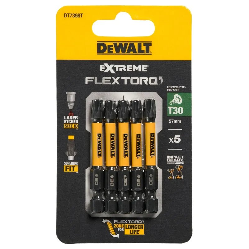 Биты ударные DEWALT "EXTREME" IMPACT TORSION Т30 57мм 5шт. DT7398T-QZ