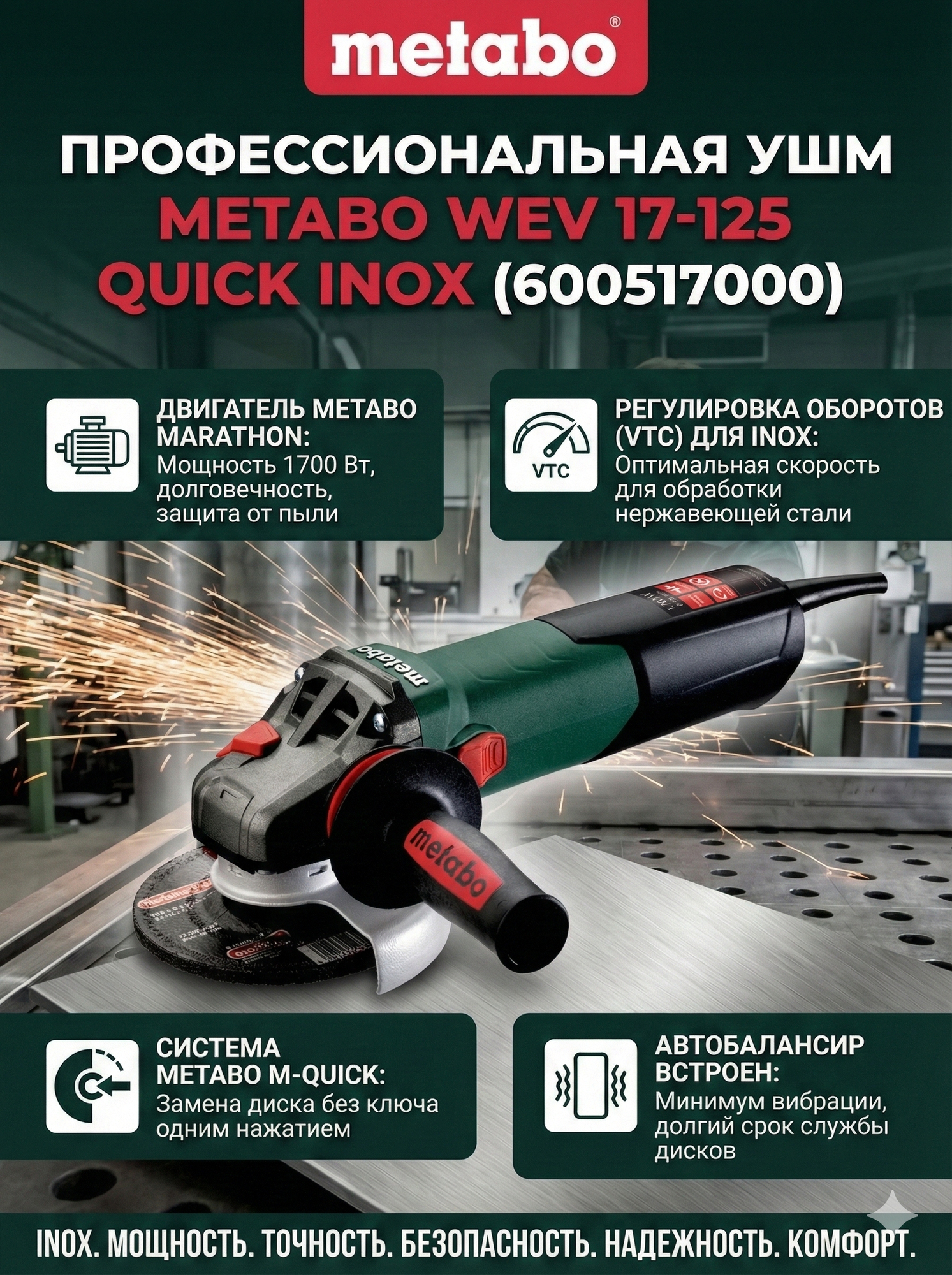 Угловая шлифовальная машина Metabo WEV 17-125 Quick Inox (600517000)