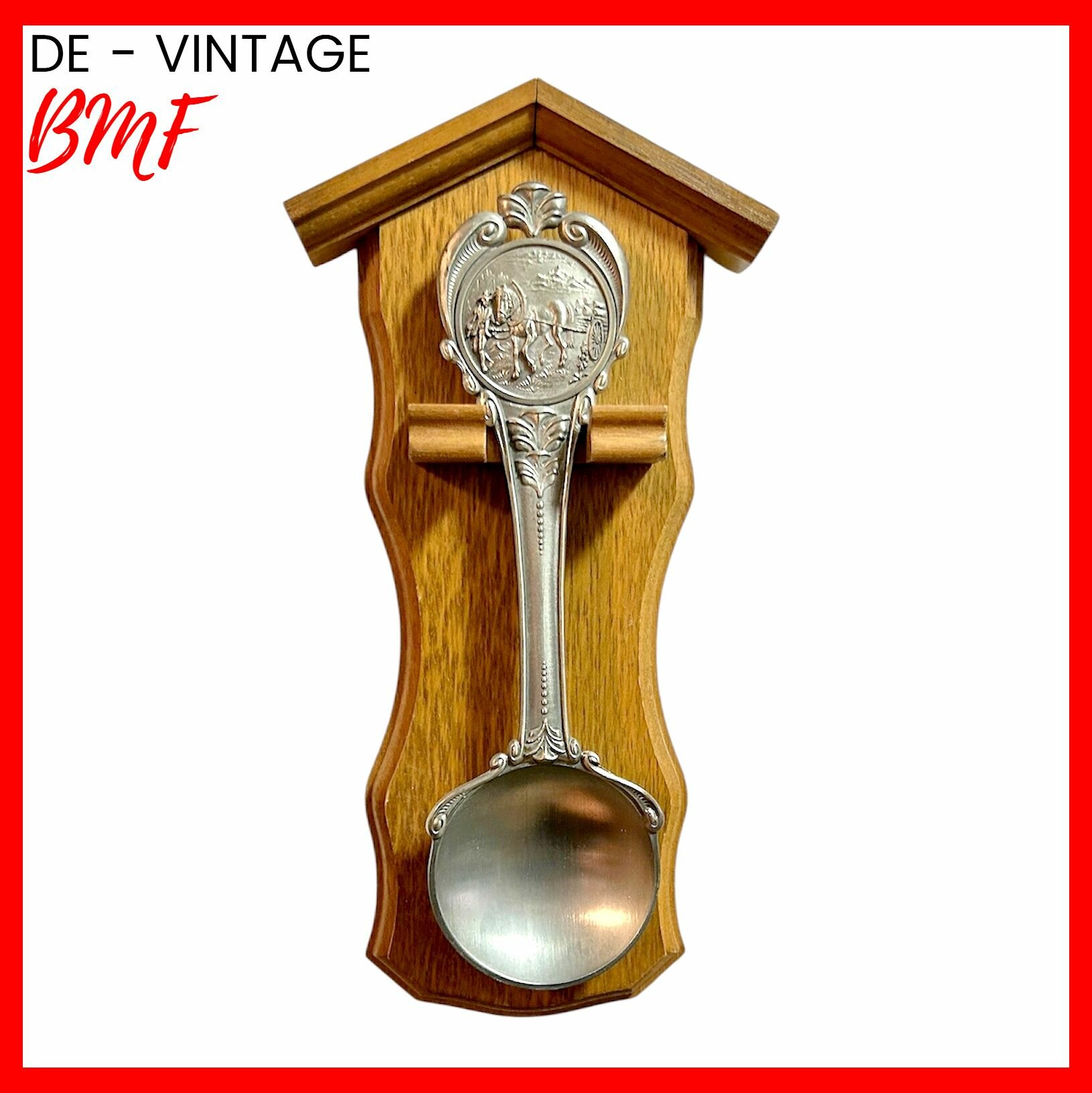 Ложка декоративная оловянная на деревянной подставке Пашня, BMF, винтаж. Германия