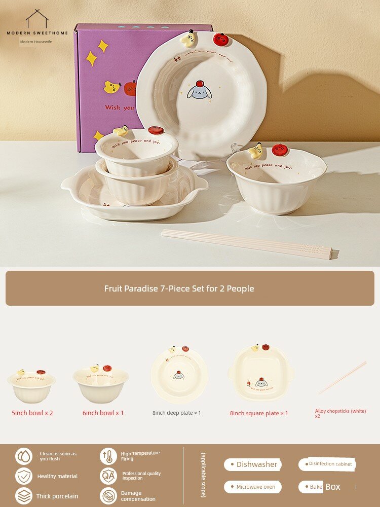 Fruit Paradise 2-местный набор из 7 предметов - полная посуда для семейного ужина с миской, тарелкой и столовыми