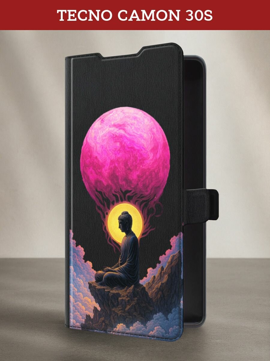 Чехол-книжка на Tecno Camon 30S / Техно Камон 30S с принтом Монах на розовой луне 3, черный