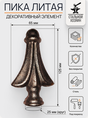 Изображение товара 25 шт Кованый элемент пика литая 125х65 мм Посадочное место 25 мм круг