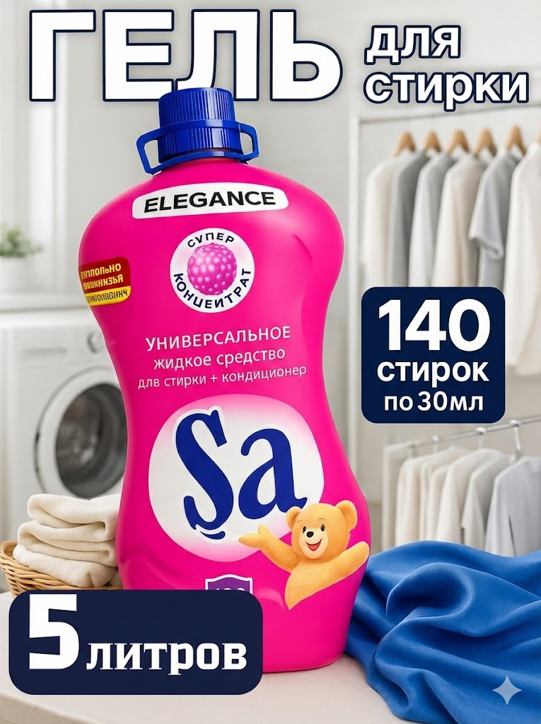 Гель для стирки SA Deluxe 5 кг, 2 в 1, 100 стирок, универсальный, цветочный аромат