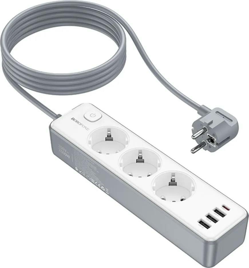 Сетевой фильтр BOROFONE BAC9 3 розетки + 3xUSB + USB-C PD 20W, 2 м, 2500 Вт — фото 1
