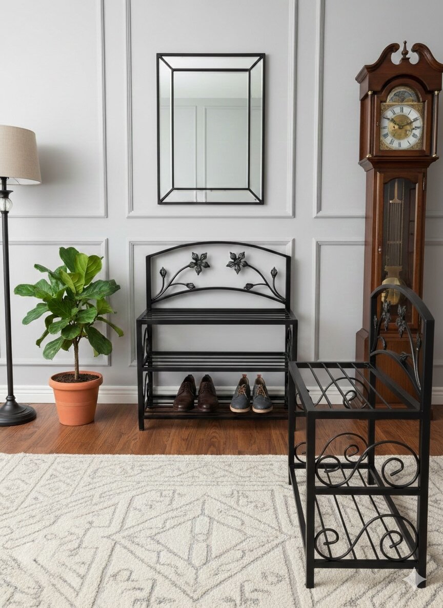 Обувница для прихожей, Студия кованой мебели Нива, цвет черный/патина/золотистый — фото 1