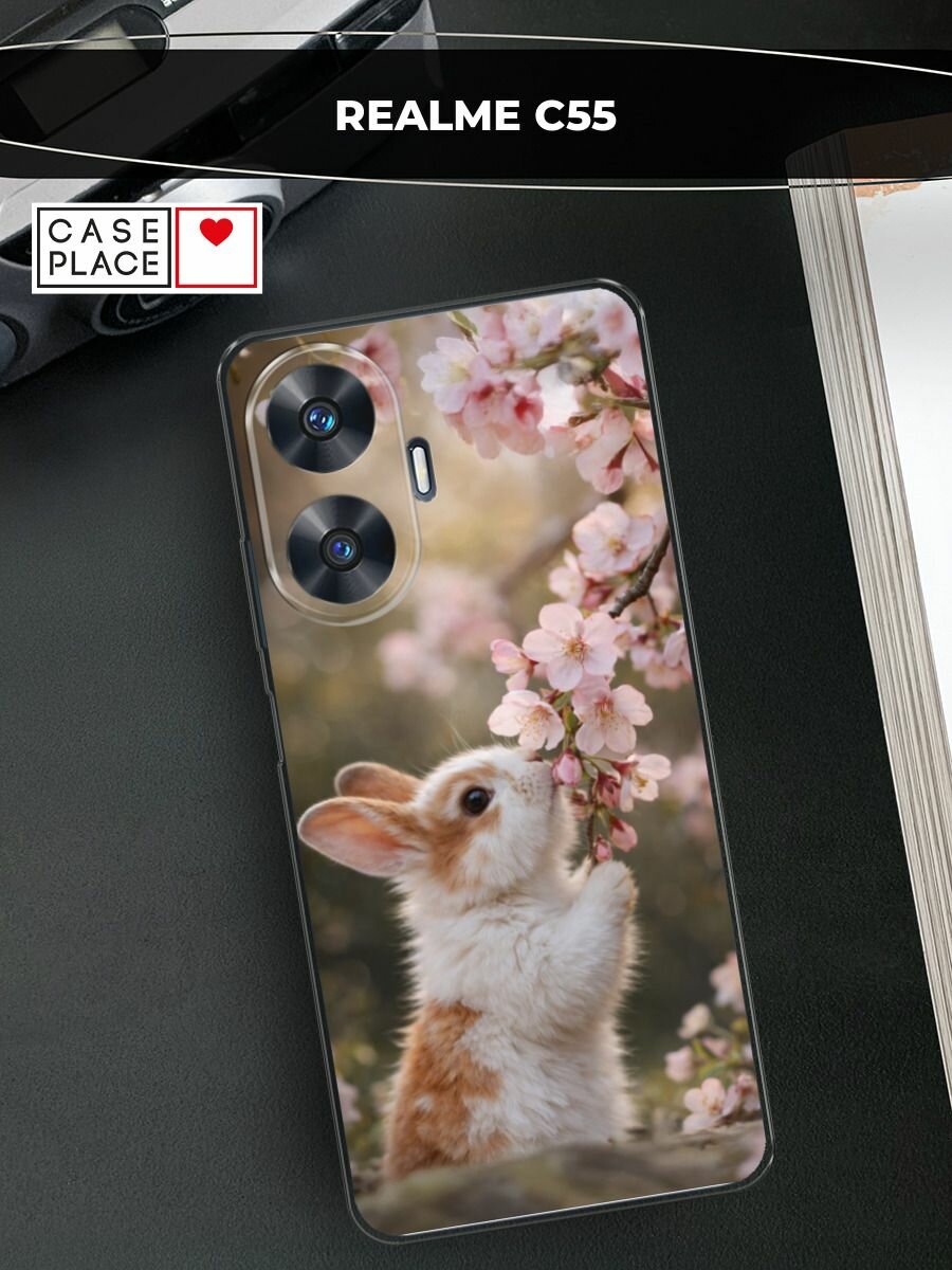Силиконовый чехол на Realme C55 / Реалми C55 с принтом Зайчик с сакурой