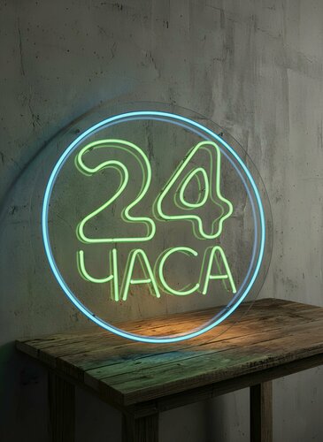 Изображение товара Неоновая вывеска "24 часа" 40х40 см, световая реклама, LED светильник для магазина, аптеки, в витрину