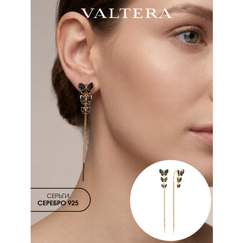 фото Серьги цепочки valtera, серебро, 925 проба, родирование, фианит, размер 50 мм, длина 5 см, , черный