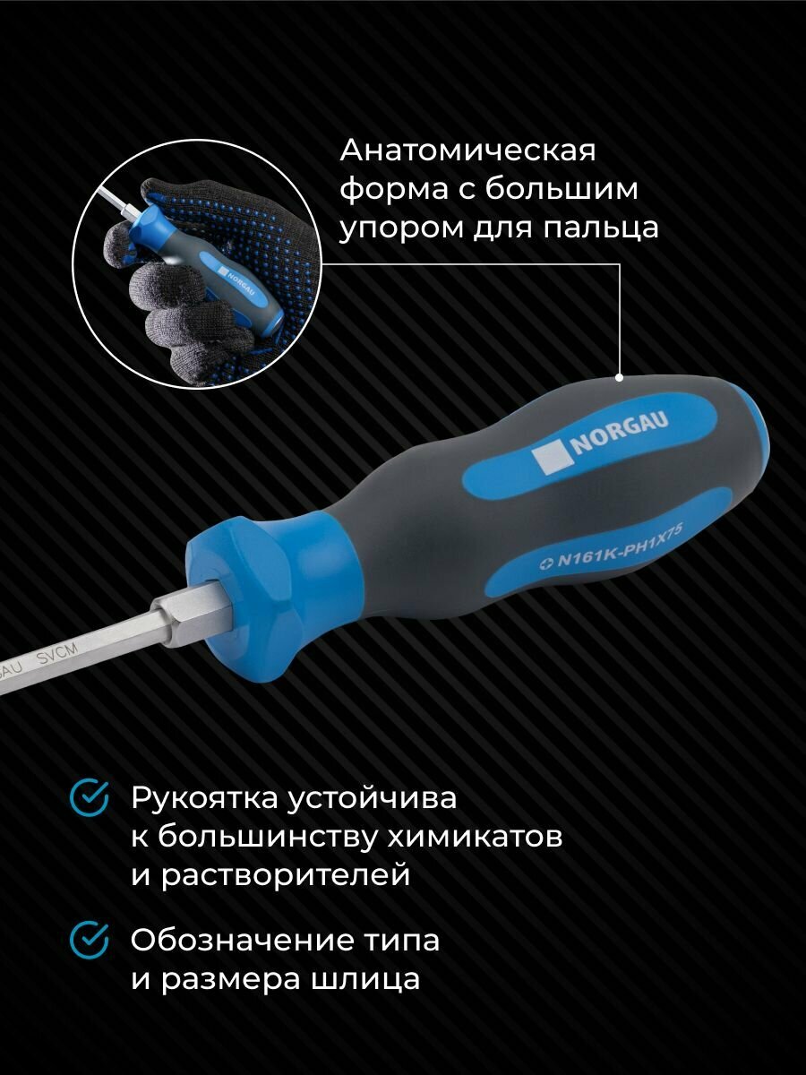 Ударная отвертка крестовая NORGAU Industrial из стали SVCM PH1 и сплошным ударным стержнем — фото 1