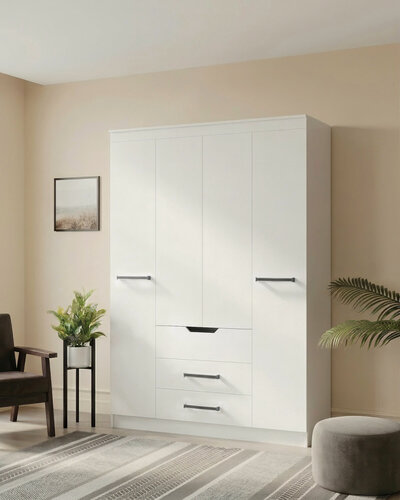 Изображение товара Шкаф для одежды распашной четырех створчатый с зеркалом, с ящиками, Домино белый без зеркала