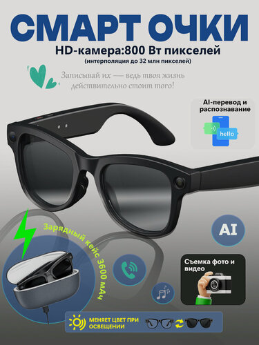Изображение товара Очки с Камерой Sony 8 Мп, 4K Видео, SmartGlasses с ИИ и ПереводомКомплект с зарядным футляром для очков емкостью 3600 мА ч