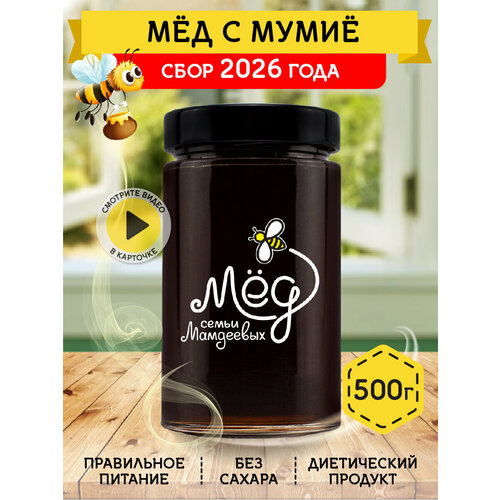 фото Мёд с мумие, 500 г башкирский натуральный мед, без сахара в стеклянной банке мед семьи мамдеевых