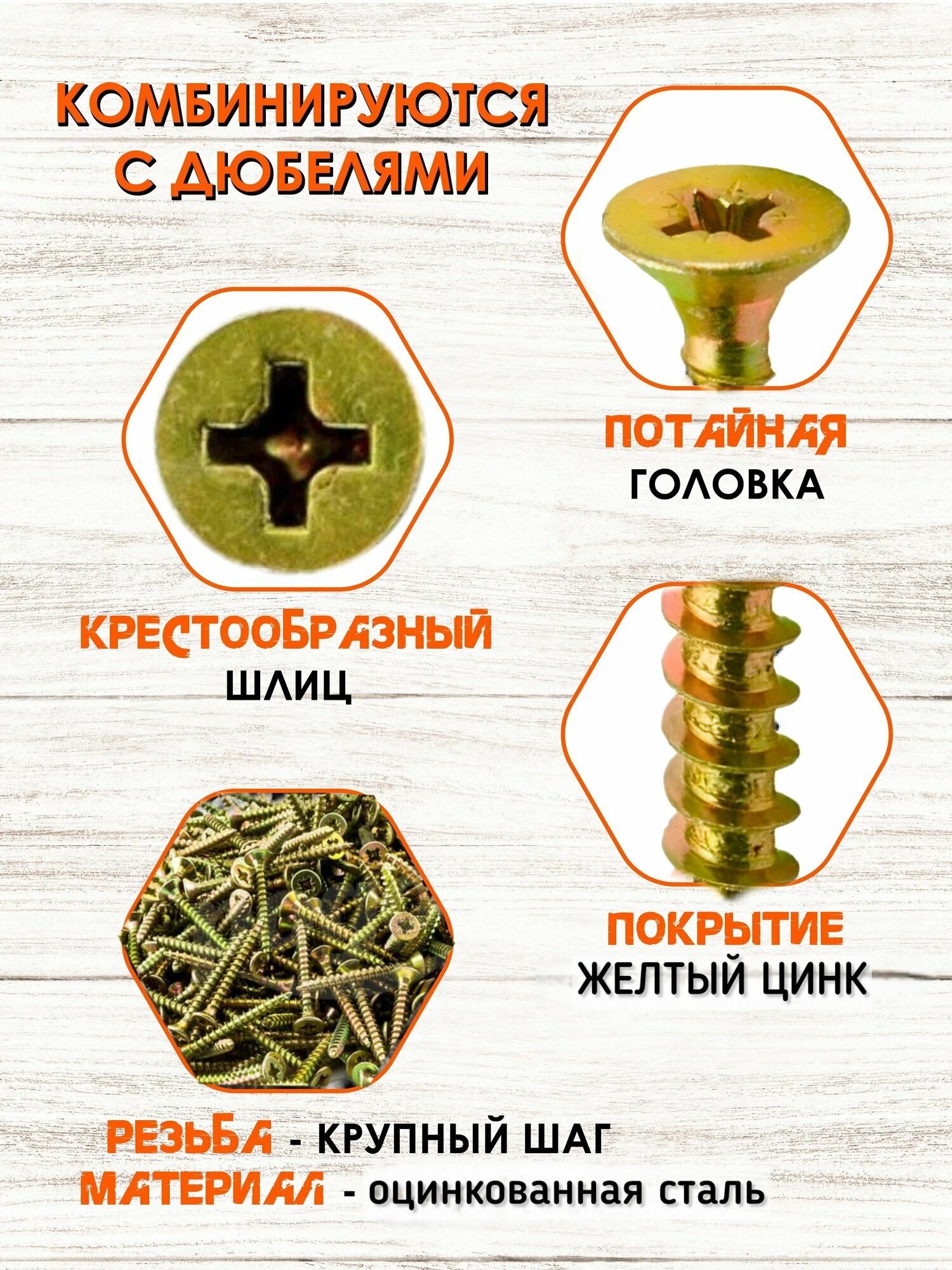 Саморезы по дереву и гипсокартону желтые набор 300 шт, 20мм, 25мм, 35мм, 40мм, 45мм, 50мм — фото 1