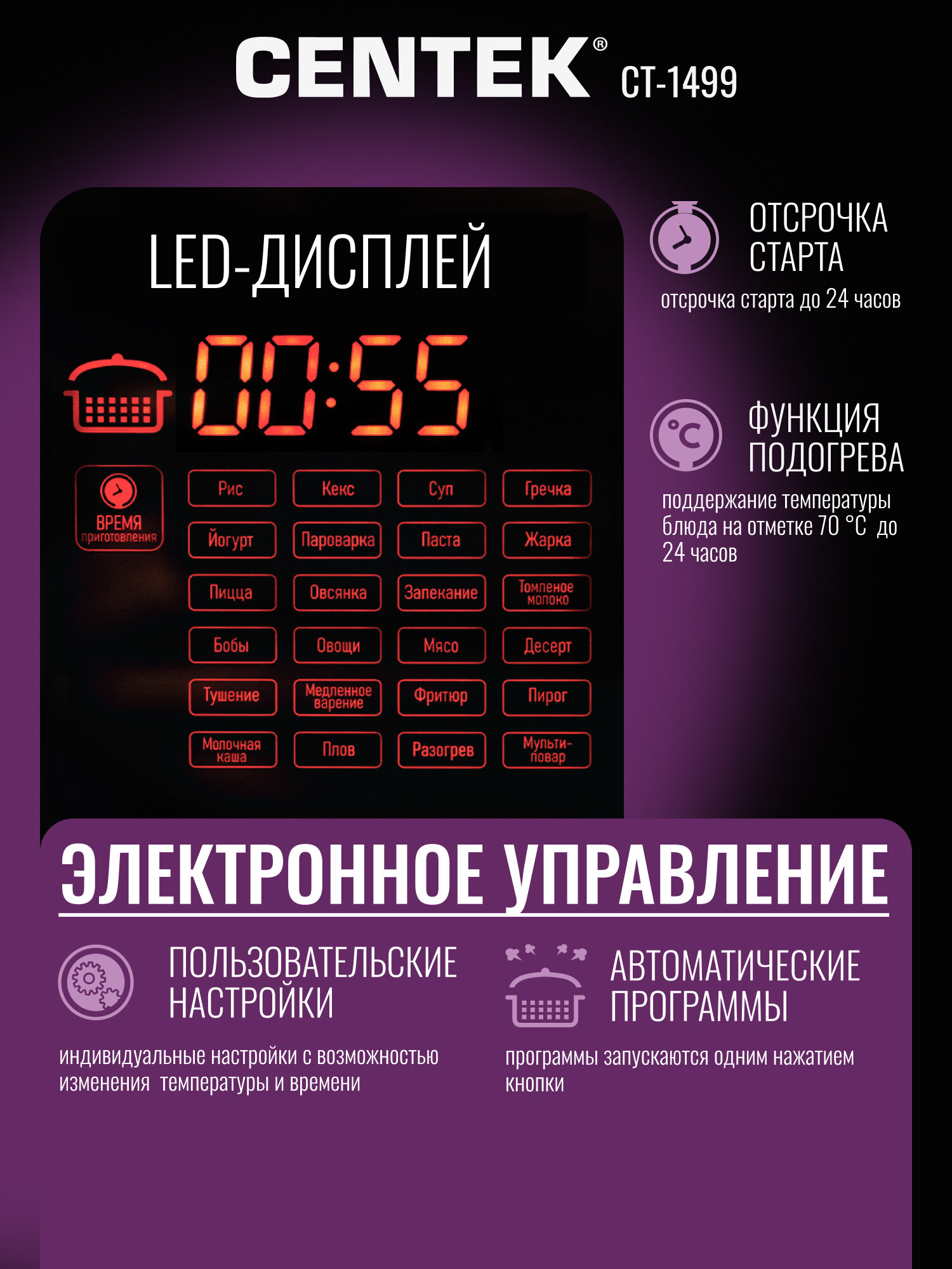 Мультиварка CENTEK CT - 1499: 900 Вт, 25 программ, мультиповар, антипригарное покрытие — фото 1