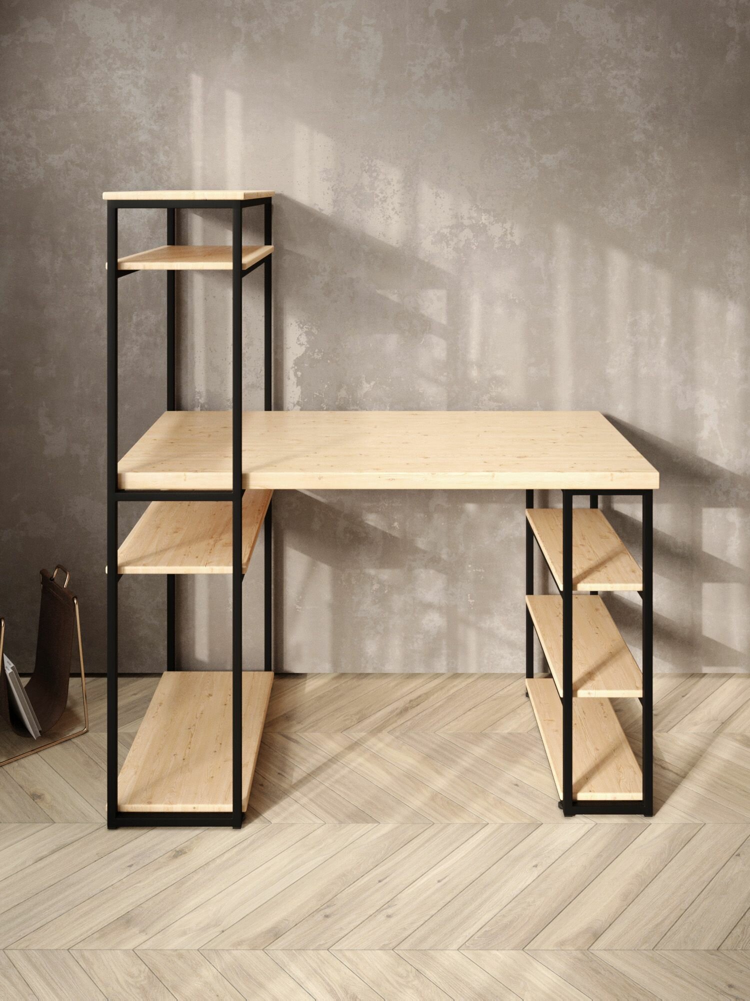 Стол стеллаж Loft письменный, компьютерный с полками и открытой тумбой, 110х60 см, без шлифовки и покраски с черным каркасом — фото 1