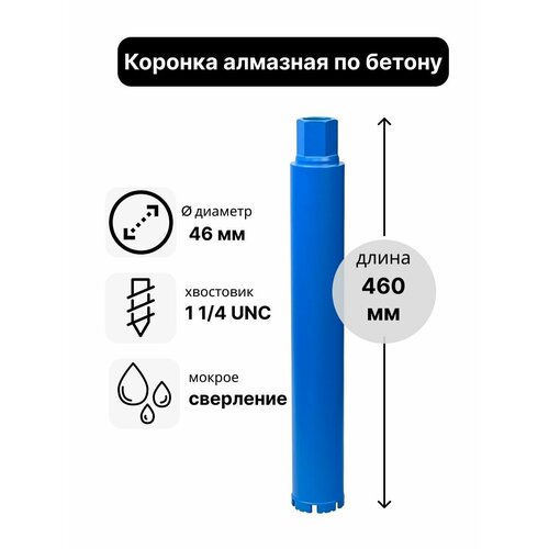 фото Коронка алмазная по бетону 46 х 460 мм 1 1/4 unc мокрый рез, для сверления железобетона и кирпича, бур сверло по бетону gfayt