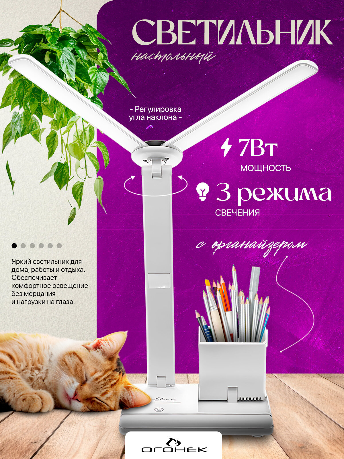 Лампа настольная с органайзером для учебы светодиодная Огонёк OG-LDP40A